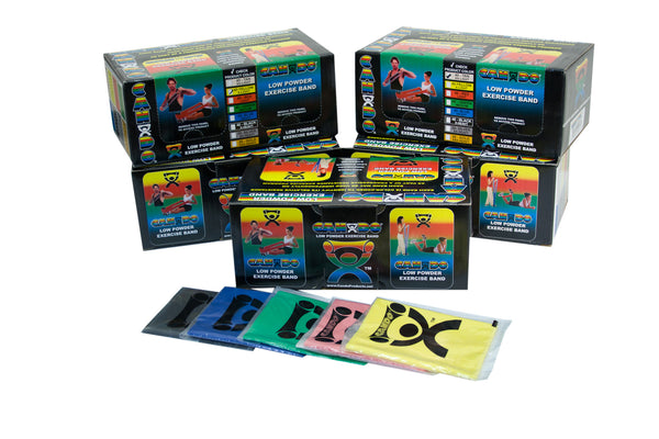 CanDo® Low Powder Pre-cut Exercise Band - box of 40, 4' length, 5-piece set (1 each: yellow, red, green, blue, black)